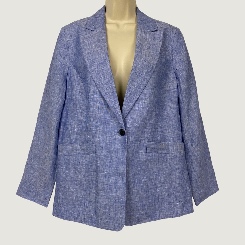 Talbots Linen Blazer Womens 12 Blue Single Button Career Coastal Lightweight NEW